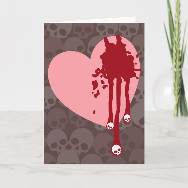 Tarjeta Festiva Corazón rosado con detalles de cráneo (Anverso)