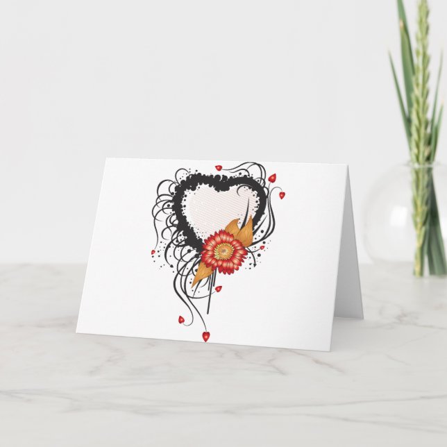 Tarjeta Festiva Corazón y flor de estilo grunge negro (Anverso)