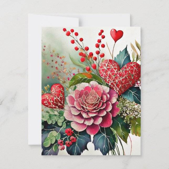 Tarjeta Festiva Corazones boho florales San Valentín (Anverso)