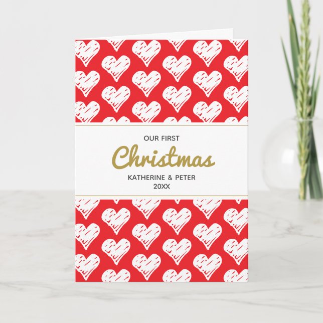 Tarjeta Festiva Corazones cortos dibujados a mano nuestra primera  (Anverso)