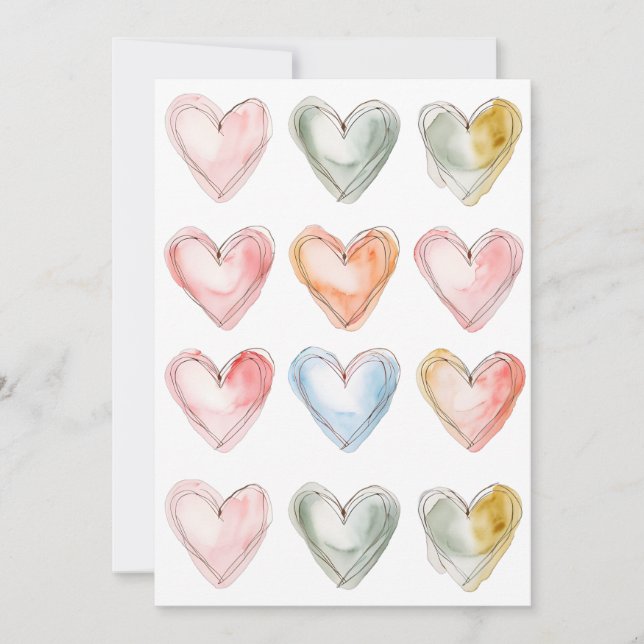 Tarjeta Festiva Corazones de acuarela (Anverso)