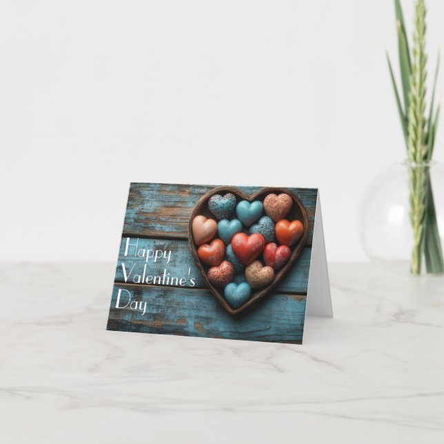 Tarjeta Festiva Corazones de caramelo en tierra de madera saludo d (Anverso)