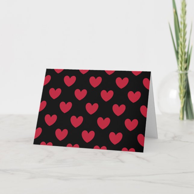 Tarjeta Festiva Corazones de polka roja en negro (Anverso)