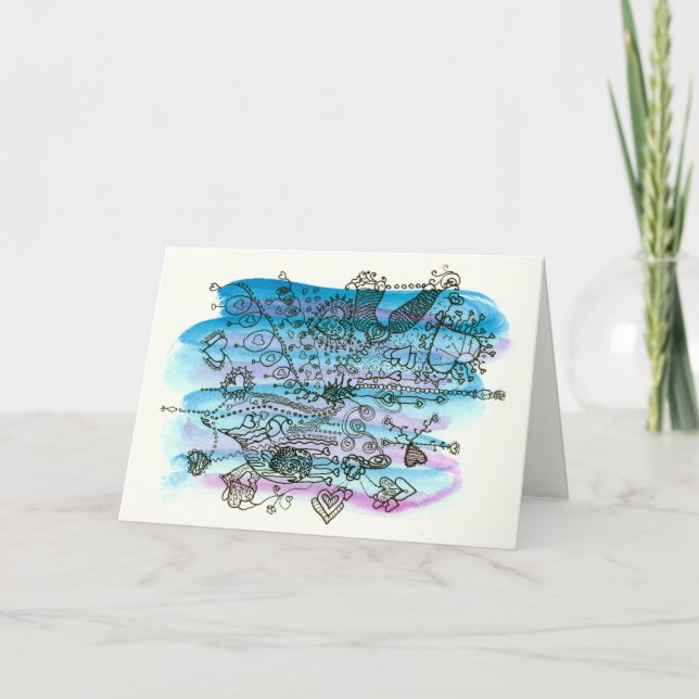 Tarjeta Festiva Corazones de San Valentín sobre azul y púrpura (Anverso)