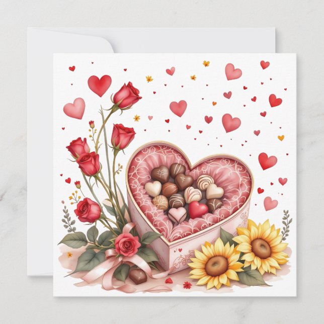 Tarjeta Festiva Corazones del Día de San Valentín, Rosas y Chocola (Anverso)