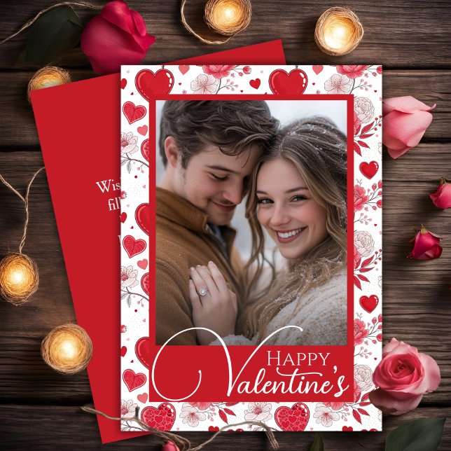 Tarjeta Festiva Corazones florales felices foto de Personalizado d (Floral Hearts Happy Valentine's Custom Photo Holiday Card)