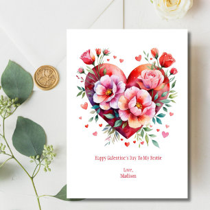 Tarjeta Festiva Corazones Flores Rosadas Rojas Día de Galentine Sa