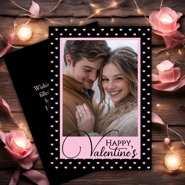 Tarjeta Festiva Corazones negros y rosados feliz foto de Personali (Black & Pink Hearts Happy Valentine's Custom Photo Holiday Card)