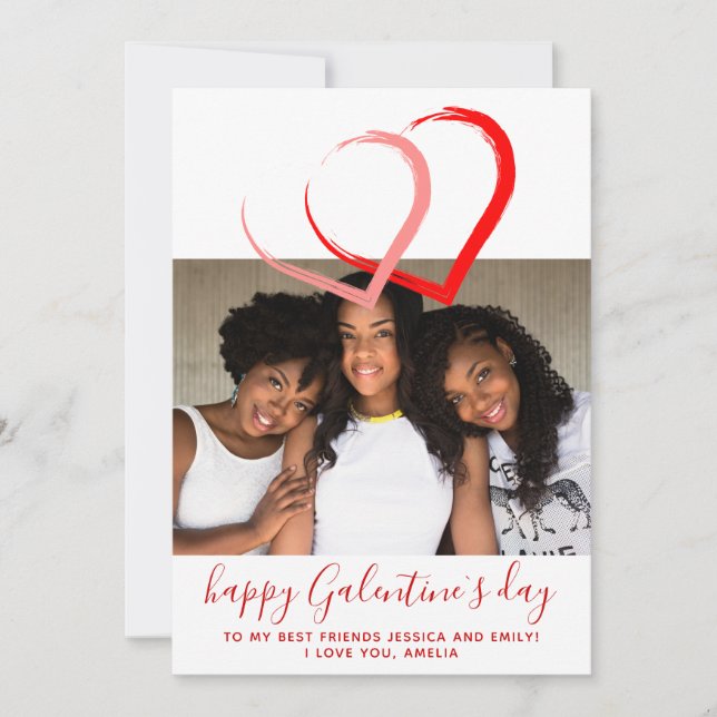 Tarjeta Festiva Corazones rojos rosados Amigos del día de Galentin (Anverso)