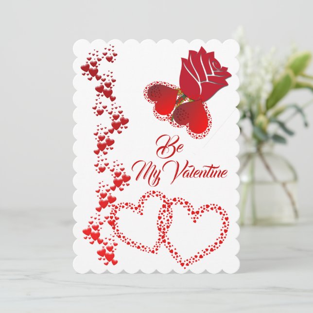 Tarjeta Festiva Corazones románticos Rojo Rosa ser mi San Valentín (Anverso de pie)