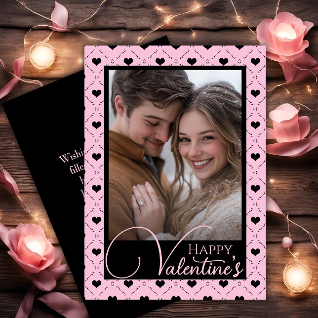 Tarjeta Festiva Corazones rosados y negros feliz foto Personalizad (Pink & Black Hearts Happy Valentine's Custom Photo Holiday Card)