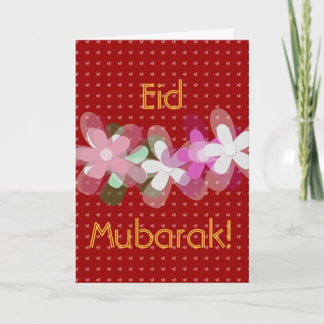 Tarjeta Festiva Corazones y flores rojos Eid Mubarak (Anverso)