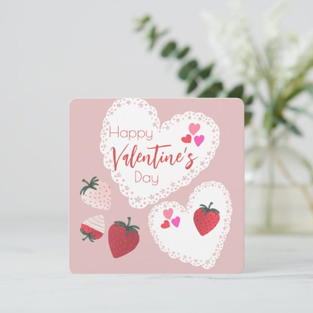 Tarjeta Festiva Corazones y fresas Feliz Día de San Valentín (Anverso de pie)