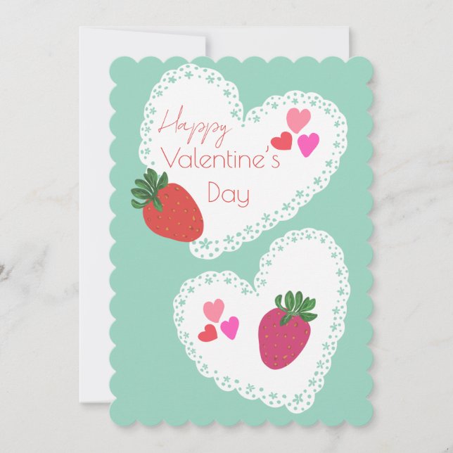 Tarjeta Festiva Corazones y fresas Feliz Día de San Valentín (Anverso)