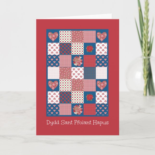 Tarjeta Festiva Corazones y Rosas de San Valentín, saludo galés (Anverso)