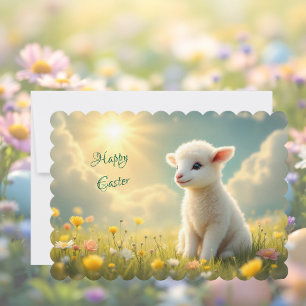 Tarjeta Festiva Corderito de Pascua en un prado de flores