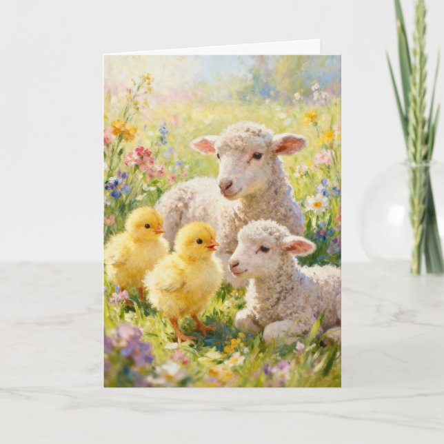 Tarjeta Festiva Corderitos y Pollitos de Pascua (Anverso)
