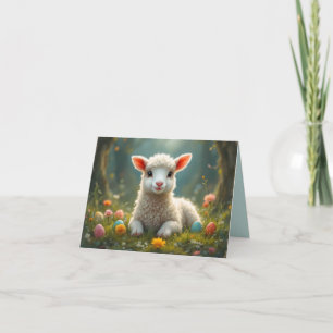 Tarjeta Festiva Cordero de Pascua, bosque, huevos de Pascua