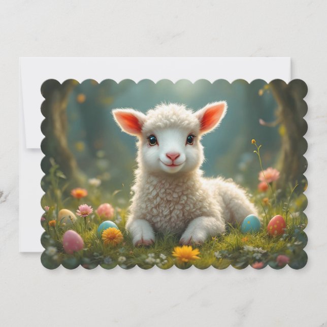 Tarjeta Festiva Cordero de Pascua, bosque, huevos de Pascua (Anverso)