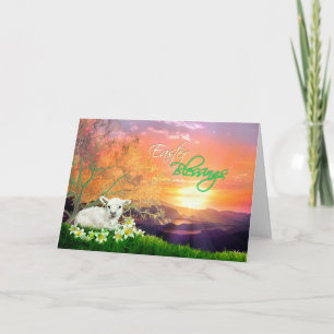 Tarjeta Festiva Cordero de Pascua y amanecer con lirios de Pascua