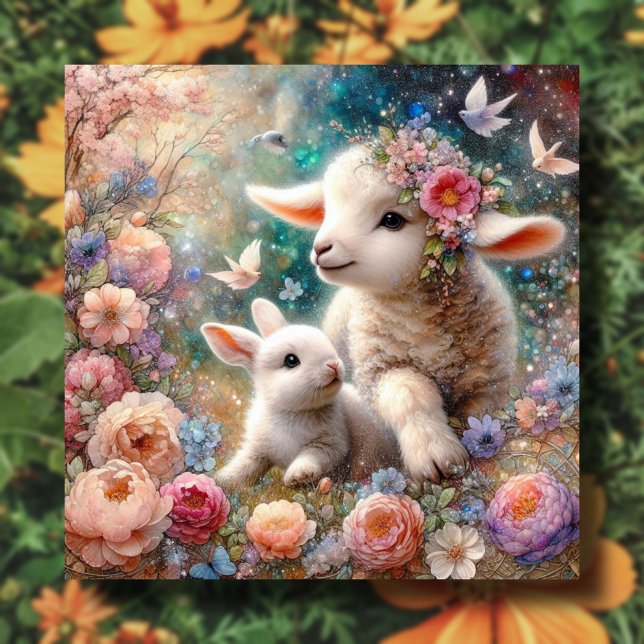 Tarjeta Festiva Cordero dulce Pastel y Pascua Cristiana Bunny (Subido por el creador)