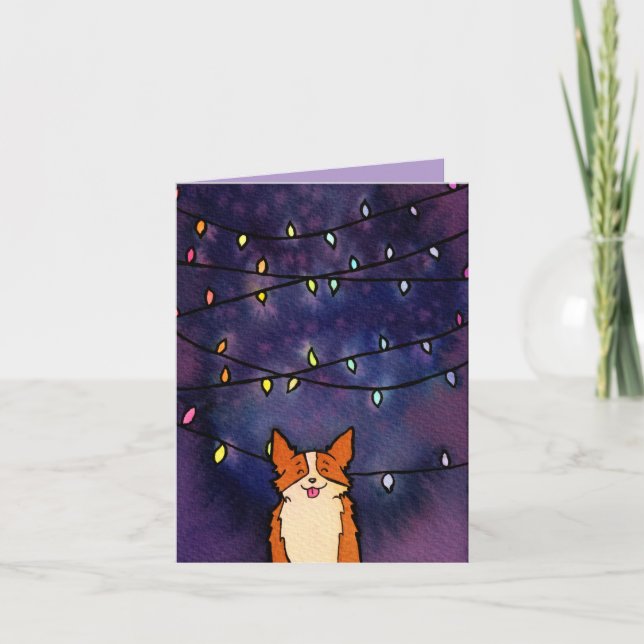 Tarjeta Festiva Corgi Adorable Con Luces Festivas Acuarela (Anverso)