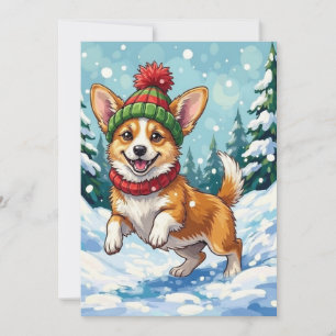 Tarjeta Festiva Corgi alegre rebotando en la nieve con borla