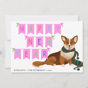 Tarjeta Festiva CORGI   AÑO NUEVO FELIZ CON Cinta