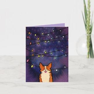 Tarjeta Festiva Corgi Cuto Con Luces De Festividad Acuarela