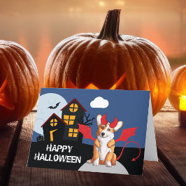 Tarjeta Festiva Corgi de Halloween en disfraz malvado