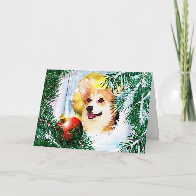 Tarjeta Festiva Corgi galés de vacaciones en invierno (Anverso)