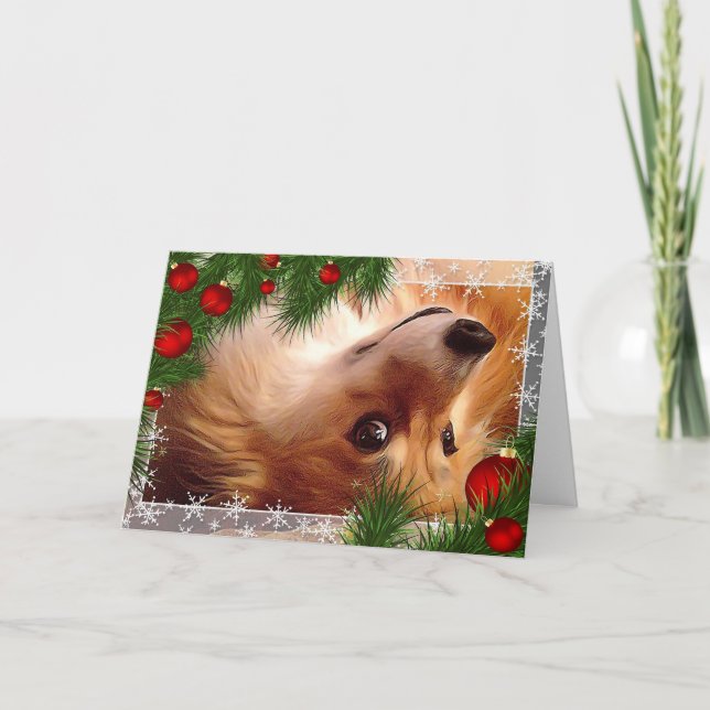 Tarjeta Festiva Corgi galés de vacaciones fluff con bombillas roja (Anverso)