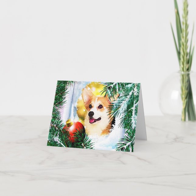 Tarjeta Festiva Corgi Galés Festivo en la Ventana de Invierno (Anverso)