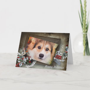 Tarjeta Festiva Corgi Tricolor de feriado en marco de madera