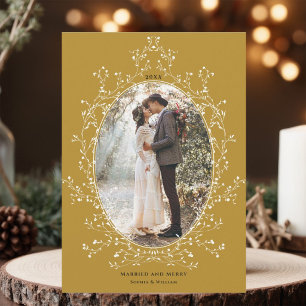 Tarjeta Festiva Corona Botánica Casados y Alegres Foto Dorada