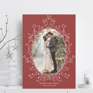 Tarjeta Festiva Corona Botánica Casados y Alegres Foto Roja