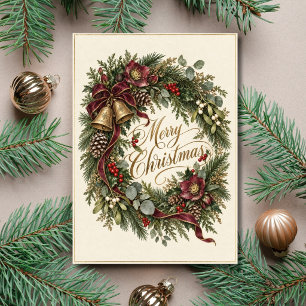 Tarjeta Festiva Corona botánica de hoja perenne lazos Elegante Nav