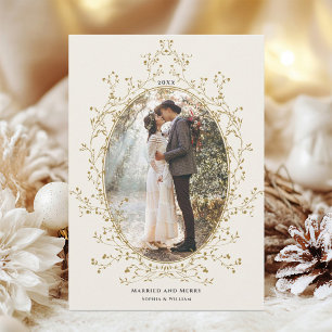 Tarjeta Festiva Corona Botánica Dorada Casados y Alegres Foto