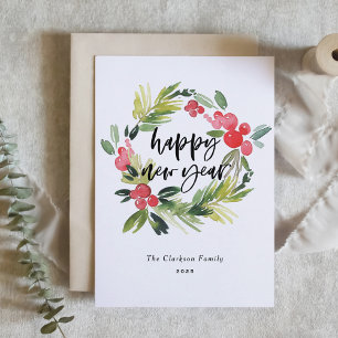 Tarjeta Festiva Corona de acebo al acuarela Caligrafía Feliz Año N
