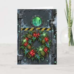 Tarjeta Festiva Corona de acebo alienígena en un laboratorio de ci