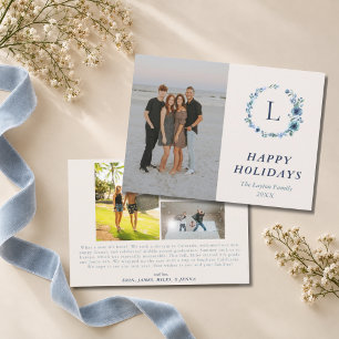 Tarjeta Festiva Corona de Acuarela Azul con Monograma para 4 Fotos