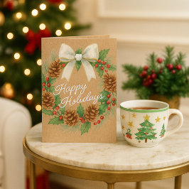Tarjeta Festiva Corona de diciembre elegante con lazo blanco acuar