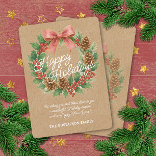 Tarjeta Festiva Corona de diciembre elegante con lazo rosa acuarel