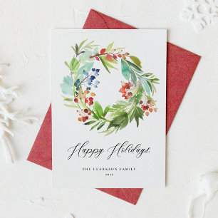Tarjeta Festiva Corona de Juniper y Acebo en Acuarela Felices Fies