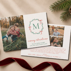 Tarjeta Festiva Corona de Monograma con Lazo Elegante para 4 Fotos
