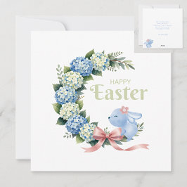 Tarjeta Festiva Corona de Pascua de Hortensias en Acuarela Conejo 