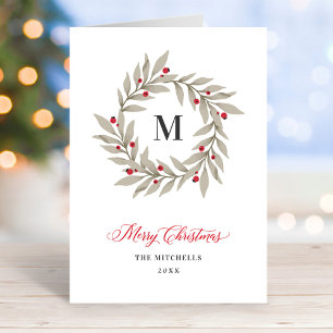 Tarjeta Festiva Corona de Verdor Neutral Elegante Monograma Navida