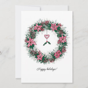 Tarjeta Festiva Corona festiva de poinsettia rosa y blanca