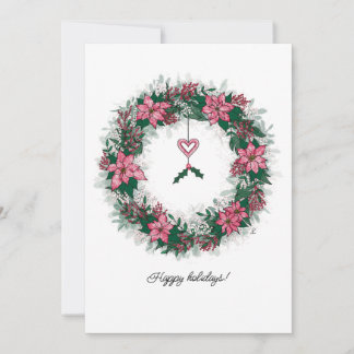 Tarjeta Festiva Corona festiva de poinsettia rosa y blanca