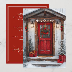 Tarjeta Festiva Corona rústica de puerta de país rojo con luces 